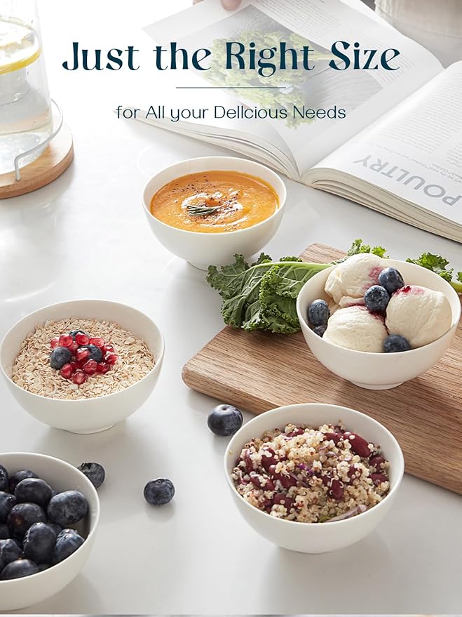 DOWAN 8.5 OZ Small Ceramic Bowls Set of 4 - White Bowls for Dessert, Dip, Side Dishes, Ice Cream, Fruit, Rice - Dishwasher & Microwave Safe (Soft White)