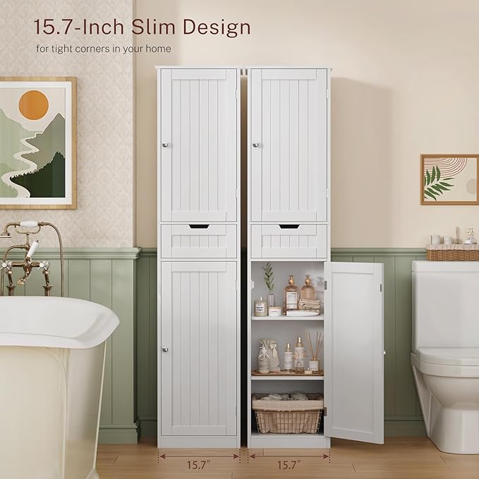 67" H Tall Bathroom Cabinet with 2 Doors & 1 Drawer, Narrow Bathroom Storage Cabinet with Adjustable Shelves, for Living Room, Entryway, Kitchen, White