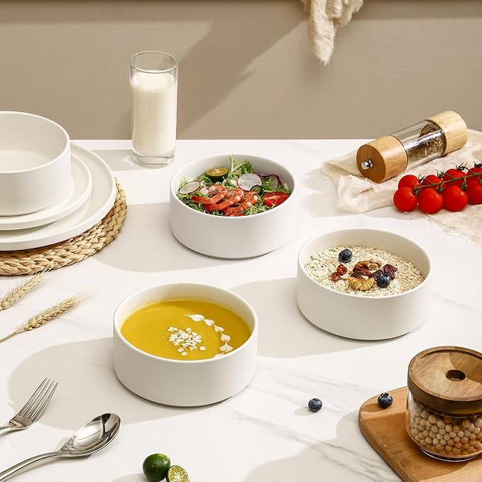 GZG Ceramic Cereal Bowls Set of 4,6 Inch Stoneware Soup Bowls,Dishwasher and Microwave Safe,Stackable,Scratch Resistant for Oatmeal,Fruit,Salads and Rice(Ivory White)
