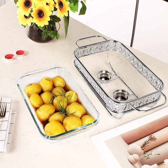 Casserole Dish 6" x 11"Glass Baking Dish with Stainless steel Lid and rack, Silver Rectangle 1.3 Qt Large Baking Pan For Casserole & Lasagna, Microwave Dishwasher Freezer Oven Safe