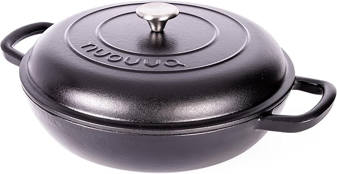 Shallow Cast Iron Casserole with Lid – Non Stick Dutch Oven Pot, Oven Safe up to 500° F – Sturdy Ovenproof Stockpot Cookware – Enamelled Cooking Pot – Black, 5-Quart, 32cm – by Nuovva