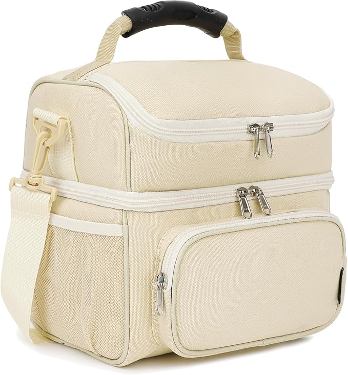 FlowFly Double Layer Cooler Insulated Lunch Bag Adult Lunch Box Large Tote Bag for Men, Women, With Adjustable Strap,Front Pocket and Dual Large Mesh Side Pockets