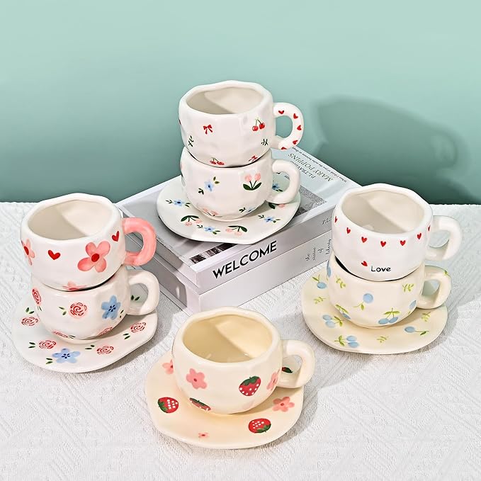 Koythin Ceramic Coffee Mug with Saucer Set, Cute Creative Cherry Bow Cup Unique Irregular Design for Office and Home, 10 oz/300 ml for Latte Tea Milk
