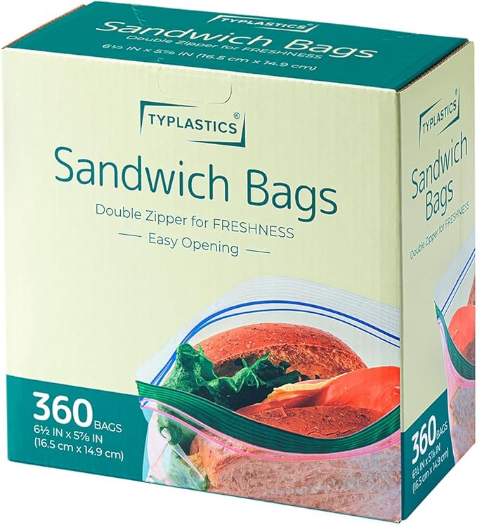 TYPLASTICS Sandwich and Snack Bags, Storage Bags for Food On the Go, Double Zipper for Freshness, Easy Open Design, Reclosable, 360 Count