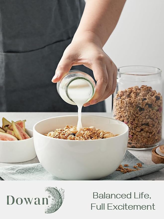 DOWAN 5.8" Deep Soup Bowls & Cereal Bowls - 30 Ounces Large Bowls Set of 4 for Kitchen - White Ceramic Bowls for Cereal, Soup, Oatmeal, Salad, Ramen, Noodle, Rice - Dishwasher & Oven Safe