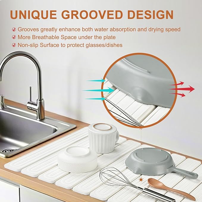 Large Stone Dish Drying Mat for Kitchen Counter, 24"x16" Quick Dry Collapsible Diatomaceous Earth Dish Drying Mat, Water Absorbent Drying Mat for Dishes Bottles Cups Bathroom, White with Grooves