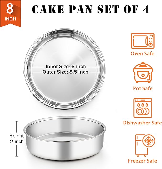 P&P CHEF Cake Pan Set of 4, Stainless Steel Baking Round Cake Pans Tins Bakeware for Birthday Wedding, Leak-proof & Easy Clean, Mirror Finish & Easy Releasing, 8 Inch