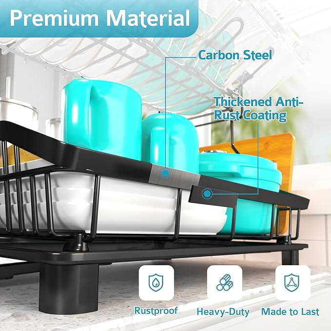 Dish Drying Rack - 2 Tier Large Capacity Dish Rack- Dish Racks for Kitchen Counter with Drainboard, Rustproof Dish Drainer with Removable Utensil Holder,Cutting Board Holder,Cup Holder, Black