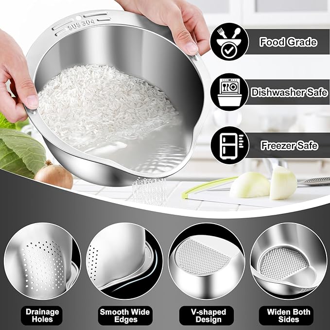 KesaPlan Rice Washer Strainer Bowl, 4-in-1 Washer Bowl Stainless Steel Rice Rinser Strainer Sink Colanders With Side Drainers for Cleaning Fruits, Vegetables, and Beans, Versatile Kitchen Tool