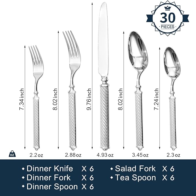 KINGSTONE Retro Rope-Pattern Silverware Set, 30-Piece Flatware Set Cutlery Set Forged with Handcrafted Texture Handles 18/10 Stainless Steel, Dishwasher Safe