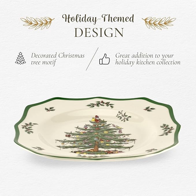 Spode Christmas Tree Scalloped Dinner Plate - Holiday-Themed Stoneware Large Plate - 10.5 Inch Christmas Dinner Dish Featuring Colorful Gifts & Mistletoe Accents - Dishwasher & Microwave Safe