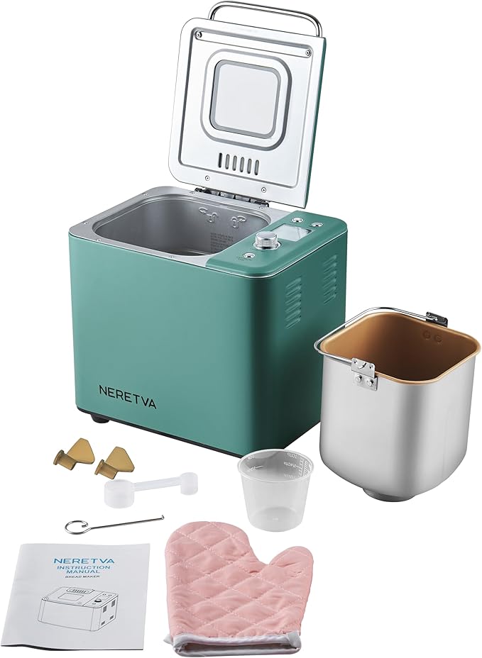 Neretva Bread Maker, 20-IN-1 2LB Bread Machine Dual Heater Bread Maker Machine Automatic with Nonstick Ceramic Pan, 15H Timer & 1H Keep Warm Set, Low Noise, Stainless Steel Breadmaker Recipe-Green