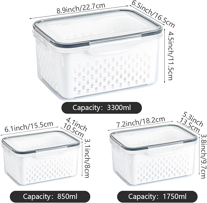 3 PCS Fruit Storage Containers for Fridge with Removable Colander, Leak proof Food Storage Containers, Airtight Food Storage Containers, Food Storage Container with Lids, Keep Food Meat Fresh