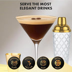 VEMACITY - Luxury Cocktail Shaker Set - Gold Glass Cocktail Shaker with Built-In Strainer, 2 Ribbed Espresso Martini Glasses with Gold Rims, Bar Spoon & Jigger - Gift Sets, Wedding Gift