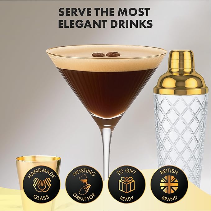 VEMACITY - Luxury Cocktail Shaker Set - Gold Glass Cocktail Shaker with Built-In Strainer, 2 Ribbed Espresso Martini Glasses with Gold Rims, Bar Spoon & Jigger - Gift Sets, Wedding Gift