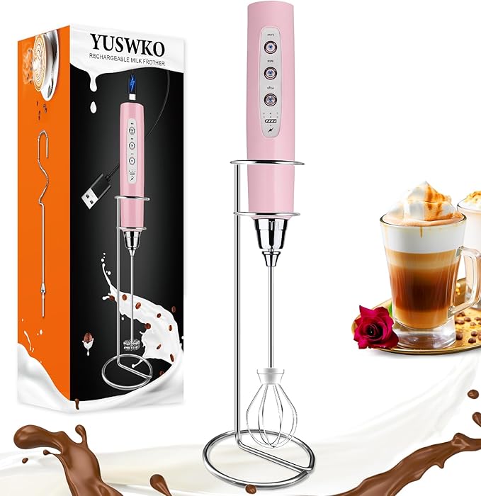 YUSWKO Pink Handheld Milk Frother Wand with Stand for Coffee, Rechargeable Electric Whisk with 3 Heads 3 Speeds Drink Mixer Coffee Frother For Latte, Cappuccino, Hot Chocolate, Egg