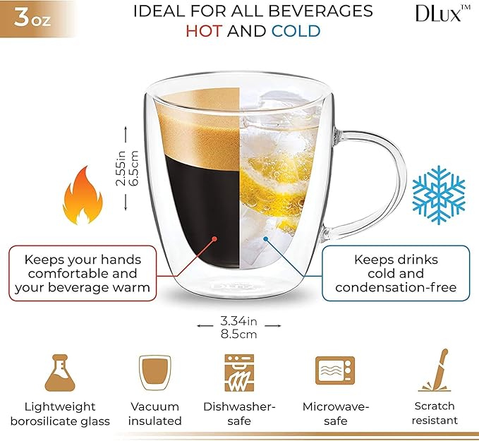 DLux Espresso Coffee Cups 3oz, Double Wall, Clear Glass Set of 2 Glasses with Handles, Insulated Borosilicate Glassware Tea Cup