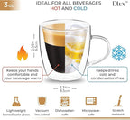 DLux Espresso Coffee Cups 3oz, Double Wall, Clear Glass Set of 2 Glasses with Handles, Insulated Borosilicate Glassware Tea Cup