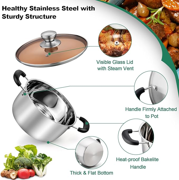 TeamFar Stock Pot 6 qt, Stainless Steel Stock Pasta Soup Pot with Lid, Double Bakelite Heat-Proof Handles & Tempered Glass Lid, Dishwasher Safe & Easy Cleanup, Non-Toxic & Healthy