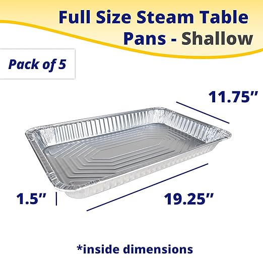 IDL Packaging Full Size Aluminum Steam Table Pans - Shallow, 21" x 13" x 1.5" (pack of 5) - Disposable Foil Pan for Grilling, Roasting, BBQ, Cooking, Baking, Freezing