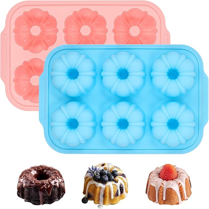 Mini Fluted Tube Cake Pans for Baking with Metal Reinforced Frame, 2Pcs Silicone 6-Cavity Mini Flan Molds, Nonstick Baking Mold for Cupcake, Brownie, Donuts, Cornbread, Jello