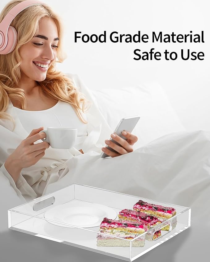 Acrylic Serving Tray Set of 2-16x12 & 15.4x11.9 Inch Clear Luxury Trays for Kitchen, Dining, Bathroom Organizer - Non-Slip, Scratch-Resistant, Spill-Proof Design - Ideal Gift for Housewarming, Parties