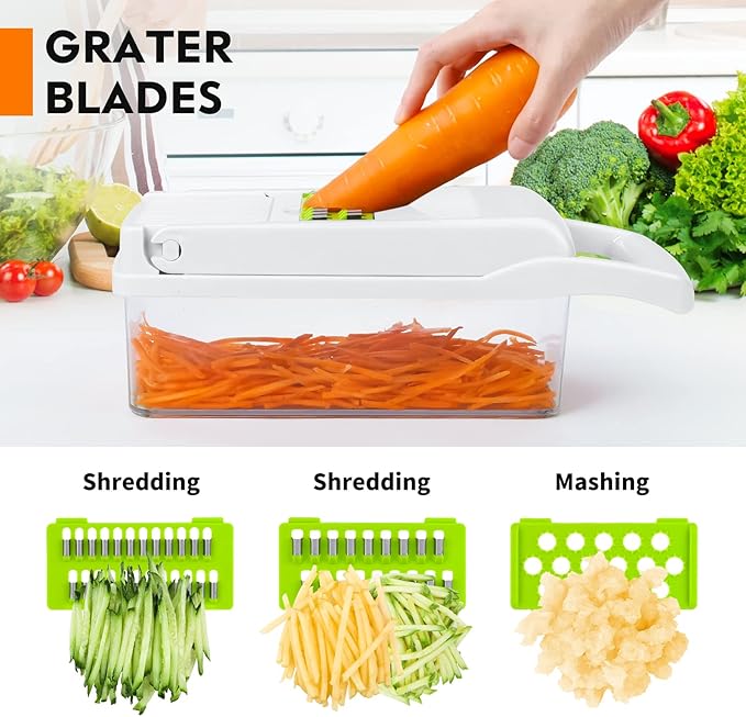 Vegetable Chopper, Pro Onion Chopper, 14 in 1Multifunctional Food Chopper, Kitchen Vegetable Slicer Dicer Cutter,Veggie Chopper With 8 Blades,Carrot and Garlic With Container (Gray) (White)