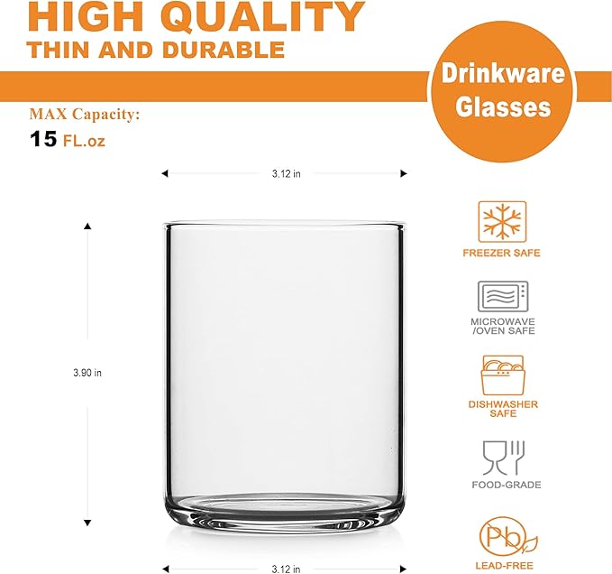 LUXU Thin Whiskey Glasses 15 oz,Premium Water Glasses Set of 4,Clear Glass Cups For Water, Juice, Beer, Drinks, and Cocktails and Mixed Drinks (15 OZ)