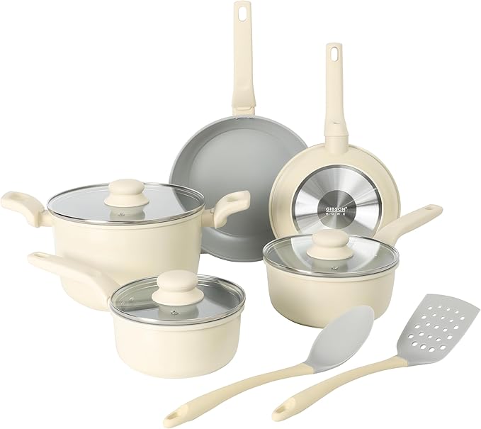 Gibson Home Barnsdall 10 Piece Premium PFA Free Ceramic Nonstick Pots and Pans Aluminum Induction Cookware Set W/Kitchen Tools - Linen White/Grey Non Stick