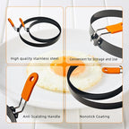 4 Pcs 6" Egg Ring 8" Pancake Mold Stainless Steel Non-stick Omelette Ring with Silicone Handle Egg Mold for Breakfast Sandwiches (Silicone Oil Brush Eggs Strainer)