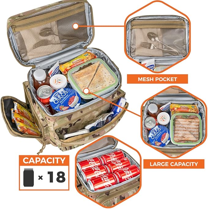 opux Tactical Lunch Box for Men, Camo Mens Insulated Lunch Bag for Adult, Leakproof Soft Lunch Cooler with MOLLE Mesh Side Pockets, Multicam Heavy Duty Lunchbox Pail for Work Women, Large, 18 Cans