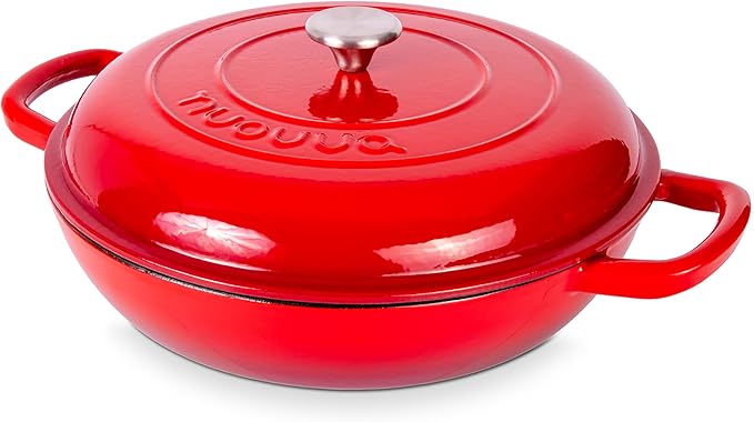 Shallow Cast Iron Casserole with Lid – Non Stick Dutch Oven Pot, Oven Safe up to 500° F – Sturdy Ovenproof Stockpot Cookware – Enamelled Cooking Pot – Red, 5-Quart, 32cm – by Nuovva