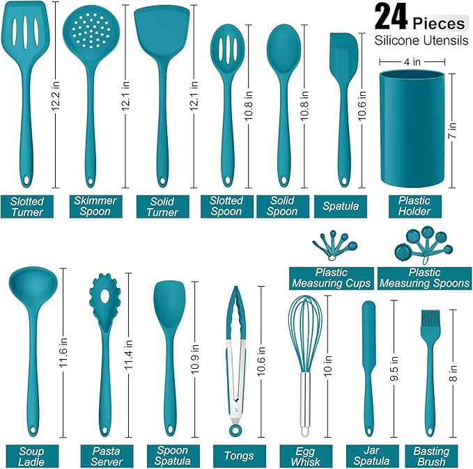 E-far Silicone Cooking Utensils Set, 24Pcs Heat Resistant Kitchen Utensil with Holder, Silicone Kitchen Tools with Spatula Turner Spoon Tongs Whisk, Non-Toxic & Dishwasher Safe (Blue)