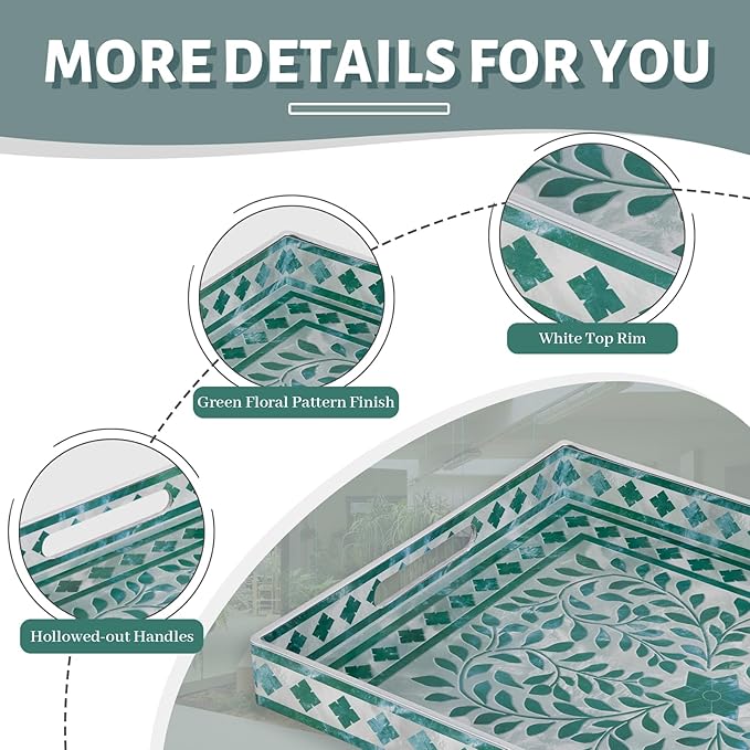 MAONAME Rectangular Decorative Tray, Plastic Serving Tray with Handles, Modern Green Trays for Ottoman, Coffee Table Trays for Living Room, Home Decor, 15.7" x 11.8" x 1.6"