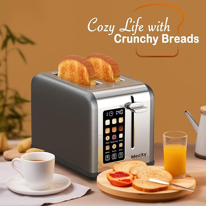 Mecity 2 Slice Touch Screen Toaster, 1.5" Wide Slot, Stainless Steel Smart Toaster for Bagels, Muffins, Waffles, Gluten-Free Breads, Defrost, Reheat, Timer, 120V 825W, Pearl Grey