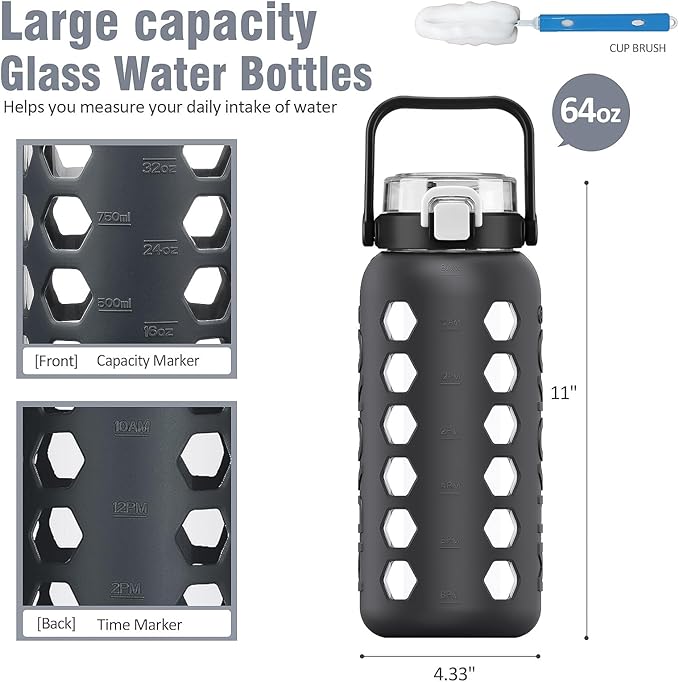 MUKOKO Half Gallon/64 oz Glass Water Bottles with Straw and Lid,Motivational Water Jug with Time Marker Reminder and Silicone Sleeve,100% Leakproof BPA Free Fitness Sports Large Bottle-Grey