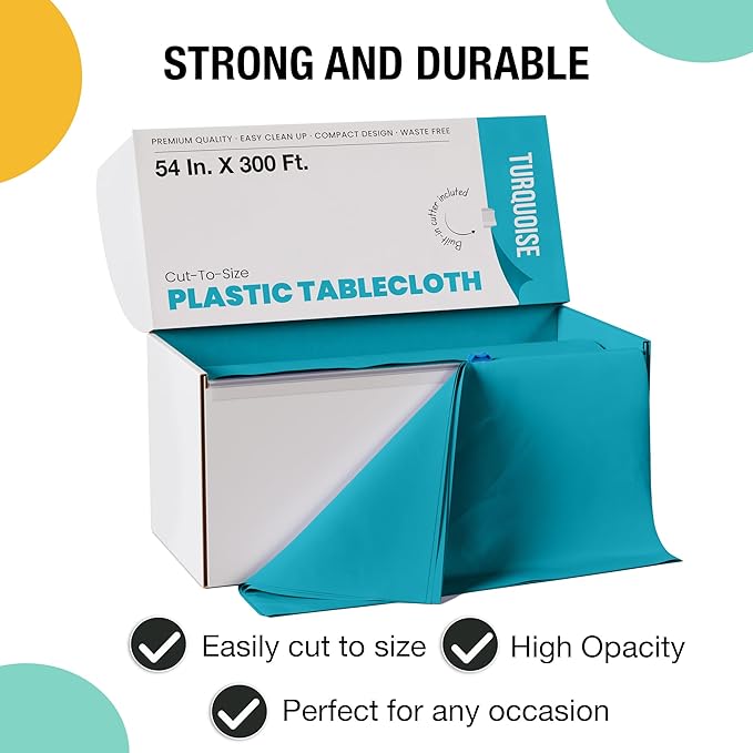 Exquisite Party Solids 54 Inch X 300 Feet Turquoise Plastic Table Cover Roll in A Cut - to - Size Box with Convenient Slide Cutter. Cuts Up to 36 Rectangle 8 Feet Plastic Disposable Tablecloths