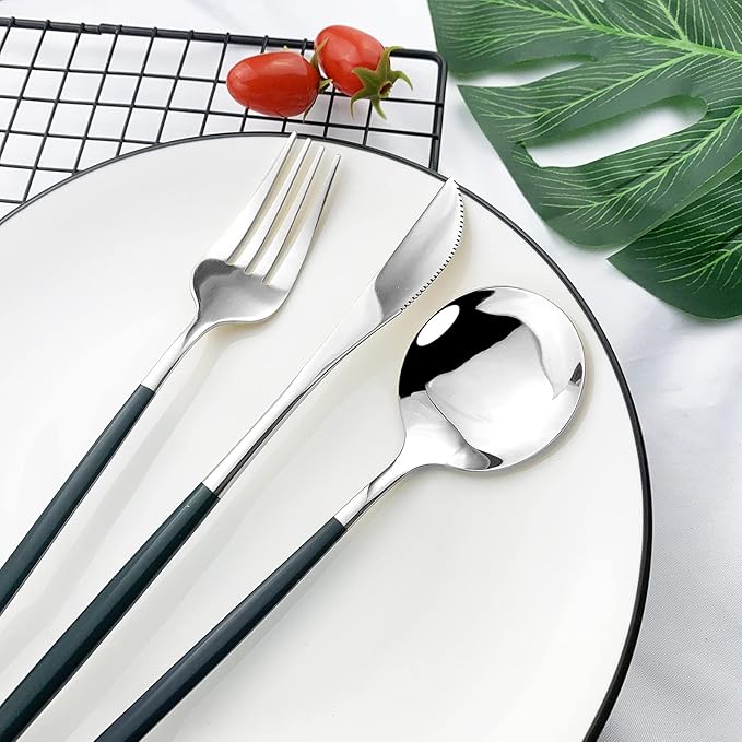 JASHII Flatware Serving Set 24 Piece, Stainless Steel Silverware Set, Green Silver Cutlery Set, Modern Elegant Tableware Set for Party, Christmas, Dinner (Green Silver)