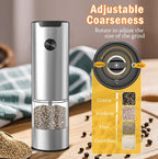 Electric Salt and Pepper Grinder, Stainless Steel Pepper Mill with Light, Adjustable Coarseness Salt & Pepper Mill Electronic Pepper Shaker Battery Operated One Handed Operation Grinder (Silver)