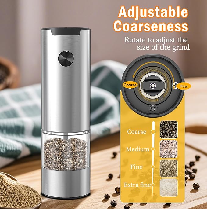 Electric Salt and Pepper Grinder, Stainless Steel Pepper Mill with Light, Adjustable Coarseness Salt & Pepper Mill Electronic Pepper Shaker Battery Operated One Handed Operation Grinder (Silver)