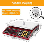 Price Computing Scale 66lb Digital Rechargeable Commercial Kitchen Weight for Produce Food Meat Fruit Vegetable with Dual Display, Give Change Function, 5 Direct Plus Included, Not for Trade