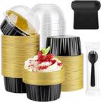 EUSOAR Disposable Ramekins and Individually Wrapped Spoons, 120pcs 5oz Cupcake Liners and Plastic Sporks, Aluminum Foil Baking Cups Mini Cake Pans Ramekins with Lids for Party Wedding Birthday Picnic