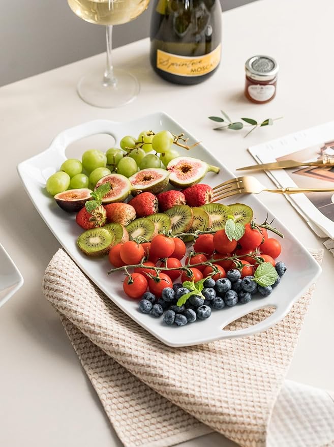 Turkey Serving Platter for Entertainment, Serving Tray with Handles Large, Party, Display, LYEOBOH 16 inch Rectangle Porcelain Platters Set of 2, White