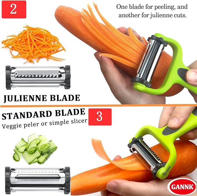GANNK Potato Apple Vegetable Peelers for Kitchen, I and Y Peelers for Fruit Veggie Potatoes Carrot Cucumber, 3 in 1 Blade Spin Design With Julienne Function
