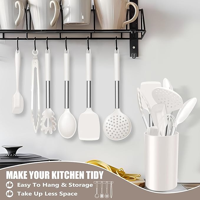 E-far 14 Pieces Silicone Cooking Utensils Set, Kitchen Utensils Set with Holder, Spatula, Ladle, Spoon, Slotted Turner for Nonstick Cookware, 446°F Heat Resistant & Stainless Steel Handle, Cream White