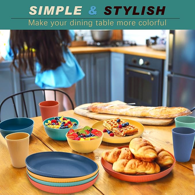 Wheat Straw Dinnerware Sets for 8, Osonm 32PCS Unbreakable Reusable Plastic Dinner Plates Dessert Plates Bowls Cups Set, Dishwasher Microwave Safe Dishes Set for Camping RV Kitchen Dorm (Multicolor)