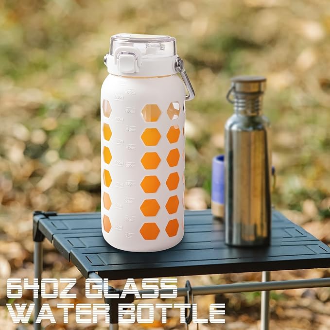MUKOKO 64oz Glass Water Bottles with Straw and Lid,Half Gallon Water Bottle with Time Marker,Large Glass Water Jug with Silicone Sleeve and Stainless Steel Handle-White