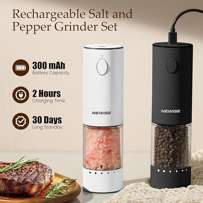 Electric Salt and Pepper Grinder Set, Rechargeable with LED Lights, Stainless Steel Automatic Pepper & Salt Mill, Adjustable Coarseness, Large Capacity, Black/White