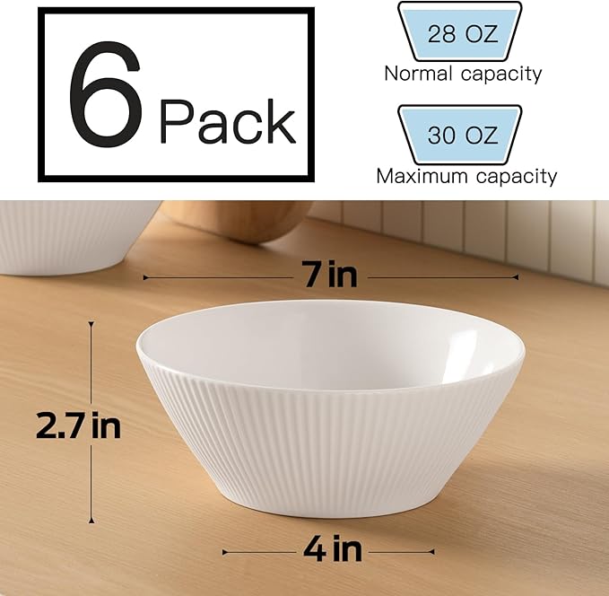 Ceramic Bowls for Kitchen - Set of 6, 30 oz Cereal Bowl Set, Soup Bowls, White Ceramic Bowls for Dessert, Salad, Pasta, Soup etc, Microwave, Dishwasher & Oven Safe