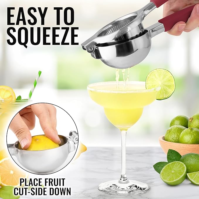Zulay Lemon Squeezer Stainless Steel with Premium Heavy Duty Solid Metal Squeezer Bowl and Food Grade Silicone Handles - Large Manual Citrus Press Juicer and Lime Squeezer Stainless Steel (Cranberry)